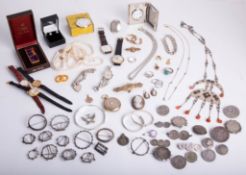 An interesting collection of jewellery etc including silver cameo brooches, a gents 9ct gold gents