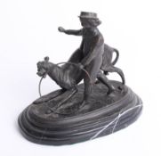 After Barrie bronze sculpture of a girl walking a dog with a hoop on plinth, height 19cm.