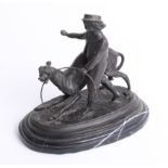 After Barrie bronze sculpture of a girl walking a dog with a hoop on plinth, height 19cm.