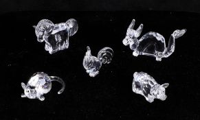 Swarovski Crystal, 'Zodiac' figures including a rat, dog, horse, cockerel, and a pig. (5)