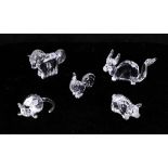 Swarovski Crystal, 'Zodiac' figures including a rat, dog, horse, cockerel, and a pig. (5)