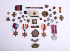 Box of various patches, badges and military items together with set of four WWII medals awarded to