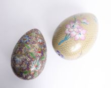 Two Cloisonné and enamelled egg ornaments tallest approx. 19cm.