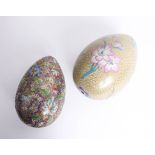 Two Cloisonné and enamelled egg ornaments tallest approx. 19cm.