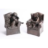 Jenny Oliver, bronze effect heavy bookends, circa 2002 Ireland, height 16cm.