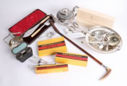 Various items to include silver plated wares, riding crop, flatware and small binoculars.