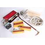 Various items to include silver plated wares, riding crop, flatware and small binoculars.