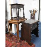 Nest of three tables, oak box stool and oak jont stool (3).