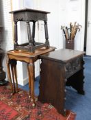 Nest of three tables, oak box stool and oak jont stool (3).