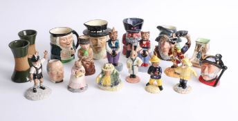 Doulton Bunnykins figures, small character jugs including Crown Devon, Wade figures including