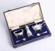 A Geo V silver condiment set, cased.