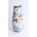 A pair of signed Japanese earthenware ware vases decorated flying geese and flowers, height 31cm.