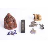 Various objects including carved wood Buddha, small 19th century inlaid needle box, silver 'Sans