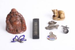 Various objects including carved wood Buddha, small 19th century inlaid needle box, silver 'Sans