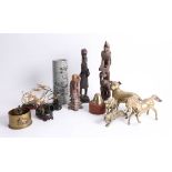 Carved hard stone oriental figure, brass ware, wood eastern carvings and other objects.