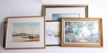 Four pictures including two Rick Lewis ARA watercolour, Plymouth water colour, Burgh Island