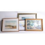Four pictures including two Rick Lewis ARA watercolour, Plymouth water colour, Burgh Island