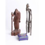 A bronze figure of a seated figure, an oriental cloisonné metal trinket box and a carved wooden