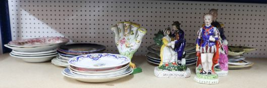 Reproduction Staffordshire figures, 19th Century and later plates, Carlton Ware leaf dish,