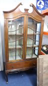An Edwardian mahogany and inlaid display cabinet with swan neck pediment, width 92cm.