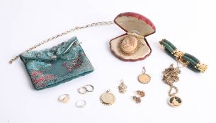 Various dress jewellery including some gold items a Edward VII half sovereign in mount etc.