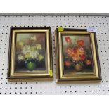TWO SMALL FRAMED ACRYLIC ON CANVAS STILL LIFE PICTURES OF FLOWERS