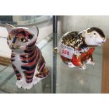 ROYAL CROWN DERBY PAPERWEIGHT OF CAT WITH STOPPER AND A ROYAL CROWN DERBY PAPERWEIGHT OF RIVER