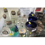 ONE SHELF OF DRESSING TABLE JARS AND BOTTLES, KNIFE RESTS, WATERFORD CRYSTAL CLOCK