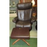 EKORNES STRESSLESS SWIVEL RECLINING ARMCHAIR IN DARK BROWN LEATHER TOGETHER WITH A ERCOL FOOTSTOOL