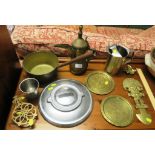 SMALL SELECTION OF METAL WARE INCLUDING ENGRAVED BRAY TRAYS, TRIVET, JUG, ETC