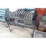 BLACK METAL GARDEN BENCH AND TWO FOLDING CHAIRS