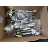 BOX OF ASSORTED STAINLESS AND PLATED CUTLERY AND KITCHEN UTENSILS