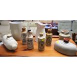 SELECTION OF CERAMICS AND STONE WARE INCLUDING MUSTARD PAIL, VINTAGE GINGER BEER BOTTLES, FOOT