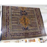 RECTANGULAR BROWN AND BLUE PATTERNED HAND KNOTTED 'OLD BALUCHI' FLOOR RUG WITH TASSELLED ENDS (196CM