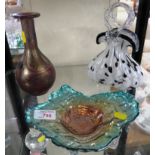 THREE ITEMS OF DECORATIVE GLASS - HANDBAG, MTARFA VASE WITH SIGNATURE TO BASE, AND A SHAPED DISH