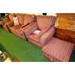 ALSTONS THREE PIECE SUITE: THREE SEATER SOFA, TWO ARMCHAIRS AND A FOOTSTOOLS IN RED AND BROWN