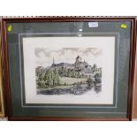 FRAMED PRINT 'WATERSMEET' AFTER MAURICE BISHOP AND FRAMED AND MOUNTED ETCHING OF BUILDING