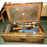 METAL MILITARY CASE WITH CONTENTS OF HAND TOOLS INCLUDING HAND DRILL, GREASE GUNS, HAMMERS, ETC