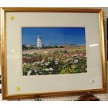 WATERCOLOUR OF FLOWER MEADOW AND LIGHTHOUSE, SIGNED M HEATH, FRAMED AND GLAZED