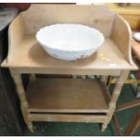 PINE TWO TIER WASHSTAND WITH SINGLE DRAWER AND FLORAL DECORATED CERAMIC BOWL