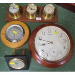 MOUNTED TRIO THERMOMETER, CLOCK AND BAROMETER, WALL CLOCK, ONE OTHER BAROMETER AND TABLE CLOCK