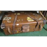 LARGE VINTAGE LEATHER TRAVEL TRUNK WITH STRAPS