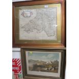 FRAMED AND MOUNTED COLOURED MAP OF SOUTH WALES, TOGETHER WITH FRAMED AND GLAZED PICTURE OF EXMOUTH