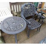 CAST METAL GARDEN BISTRO TABLE AND TWO MATCHING ARMCHAIRS