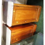 TWO LIGHT WOOD SINGLE DOOR POT CUPBOARDS WITH MARBLE TOPS