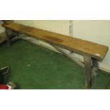 LONG PITCH PINE RUSTIC BENCH / FORM (HEIGHT 56CM, LENGTH 229CM, DEPTH 24CM)