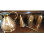 COPPER WARE INCLUDING TWO LIDDED STORAGE JARS, LARGE JUG AND CONICAL LADLE