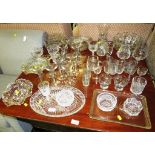 LARGE SELECTION OF GLASSWARE INCLUDING STOPPERED DECANTER, TRAYS, BOWLS, ETC
