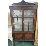 MAHOGANY INLAID AND BOXWOOD STRUNG CHINA DISPLAY CABINET WITH TWO GLAZED DOORS AND TWO FALL FRONT