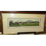 FRAMED AND MOUNTED LANDSCAPE WATERCOLOUR OF COUNTRYSIDE WITH HILLS BEYOND, SIGNED TIM NASH LOWER